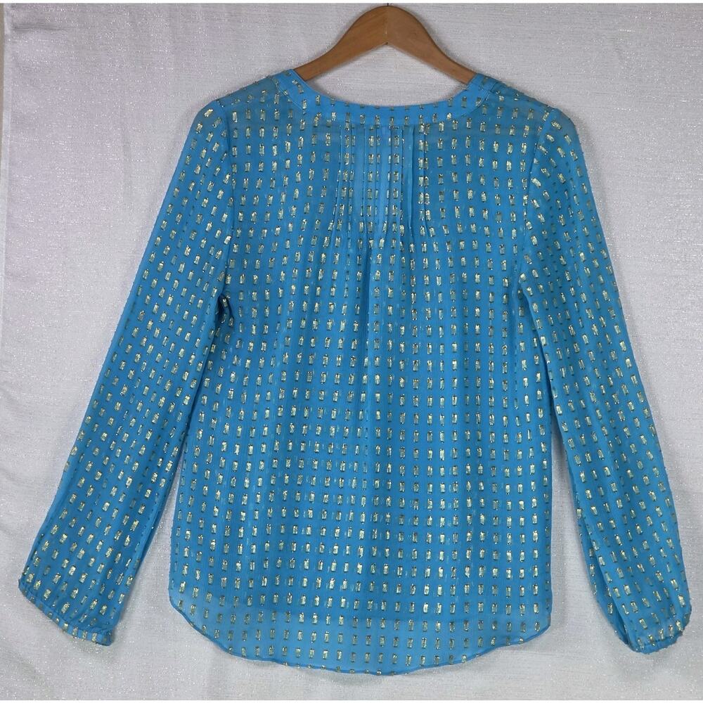 Lilly Pulitzer Colby Blue Silk Tunic Long Sleeve Blouse Sheer Gold Metallic Sm - Picture 6 of 6